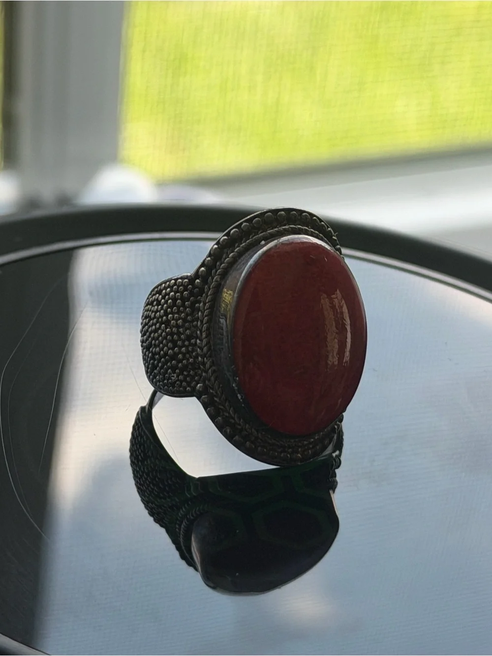 Sterling-Style Unisex Statement Ring with Red Stone and Green Inlay